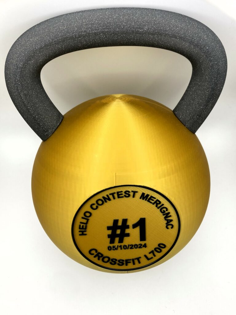 Trophées CrossFit kettlebell impression 3D finitions or argent bronze Helio Contest Mérignac — TiPi3D